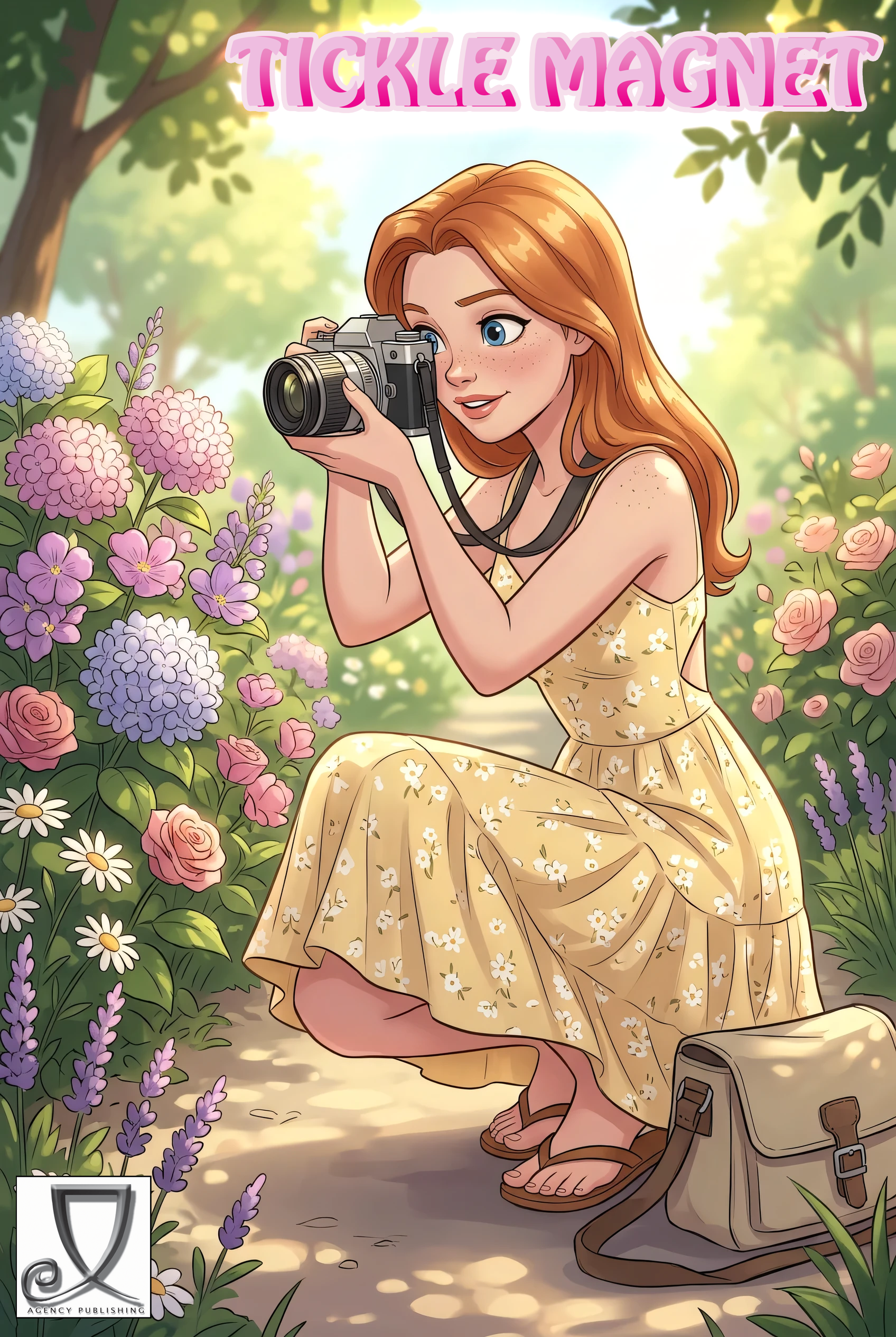 Illustration of a girl in a yellow floral dress kneeling among flowers, holding a camera as she takes a photo; title 