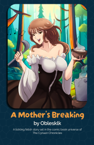 Animated woman in a forest, holding a ladle with one hand and a steaming bowl in the other, wearing a white off-shoulder top and dark dress.