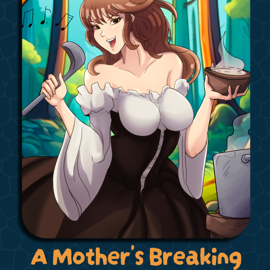 Animated woman in a forest, holding a ladle with one hand and a steaming bowl in the other, wearing a white off-shoulder top and dark dress.