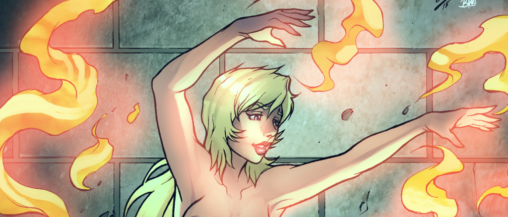 Animated illustration of a person with light green hair dancing with outstretched arms while yellow-orange flames swirl around against a brick wall background in a fantasy scene, conveying energy and heat.