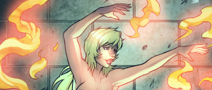 Animated illustration of a person with light green hair dancing with outstretched arms while yellow-orange flames swirl around against a brick wall background in a fantasy scene, conveying energy and heat.