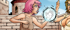 Pink-haired woman punches toward a circular energy blast while facing a second woman on a brick wall backdrop, mid-action in a sunny outdoor scene