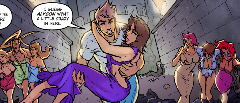 A man carries a woman in a purple dress through a ruined tunnel as a crowd of people in dresses watches.