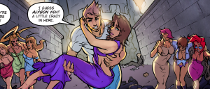 A man carries a woman in a purple dress through a ruined tunnel as a crowd of people in dresses watches.