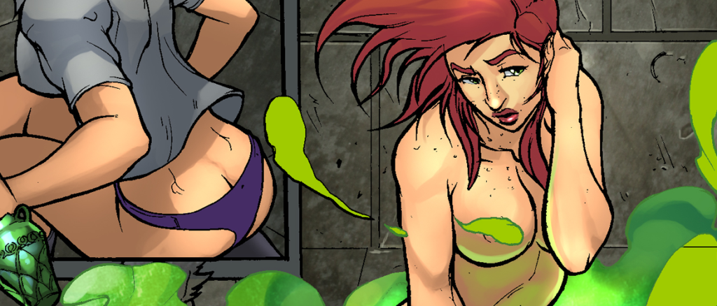 Two women in a dim, industrial setting; one topless with red hair touching her neck, surrounded by green slime, the other bent over wearing a gray shirt and purple underwear.