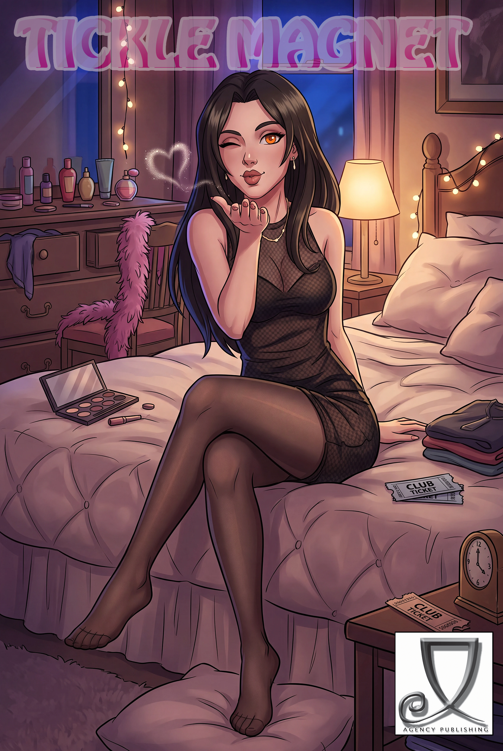 Cartoon woman in a black sheer dress sits on a bed in a cozy, neon-lit bedroom, blowing a kiss with makeup items and fairy lights in view behind her.