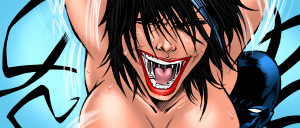 Close-up of a character with black hair, red lips, and sharp fangs, shouting in an action pose against a blue background.