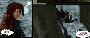 Red-haired woman in heavy rain, turning toward the viewer with a 'HELP!!' speech bubble behind a stormy backdrop.