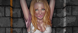 Blonde woman with arms raised against gray stone wall, wearing a white top, looking distressed or worried.
