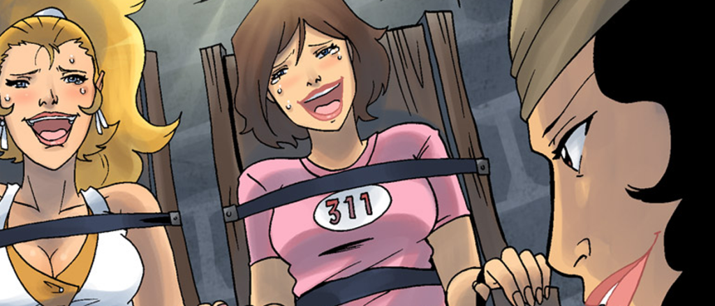 Cartoon scene with three women tied to chairs by belts, two look distressed while a figure nearby watches with a sly smile.