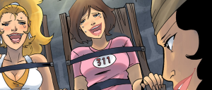 Cartoon scene with three women tied to chairs by belts, two look distressed while a figure nearby watches with a sly smile.