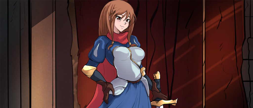 A confident female knight in blue armor and red cape stands with hands on hips in a dark dungeon corridor, sword at her side.