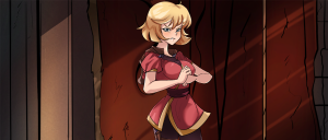 Angry blonde girl in a red tunic stands with arms crossed in a dark cavern.