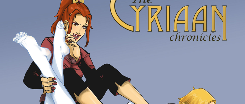 Cartoon illustration of a red-haired woman sitting and grasping a large white leg bone, with the title 'The Cyrian Chronicles' in the background.