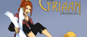 Cartoon illustration of a red-haired woman sitting and grasping a large white leg bone, with the title 'The Cyrian Chronicles' in the background.