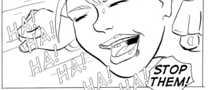 Close-up of a person laughing maniacally in a comic panel, with repeated 'HA! HA! HA!' and a speech bubble saying 'STOP THEM!'