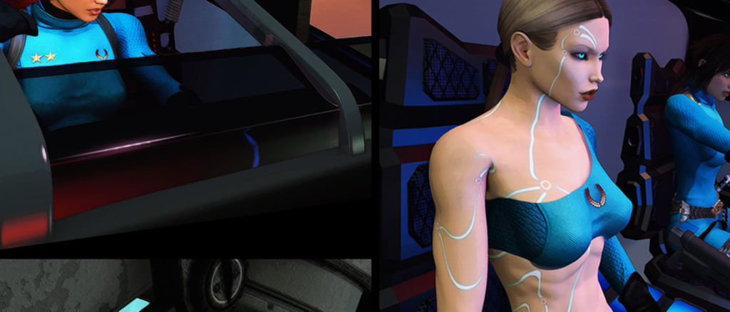 Two women in blue sci‑fi outfits in a futuristic cockpit; the foreground figure has glowing circuit‑like lines on her skin.
