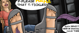 Comic panel: bound ankles in metal restraints on a person lying down, a laughing woman in the background; speech bubbles read 'P-Please' 'haha that t-tickles!!' and 'Such sensitive nerve endings have there'.