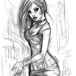 Sketch of a young woman with long hair, wearing a corset-style top and short skirt, standing in an urban street setting (hand-drawn style).