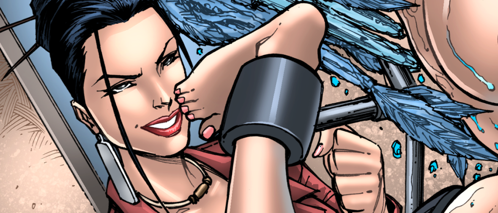 Comic panel featuring a confident woman with black hair and red lipstick, smiling as a bare foot with pink toenails nears her mouth amid blue splashes and a metal backdrop.