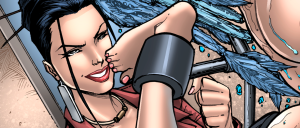 Comic panel featuring a confident woman with black hair and red lipstick, smiling as a bare foot with pink toenails nears her mouth amid blue splashes and a metal backdrop.