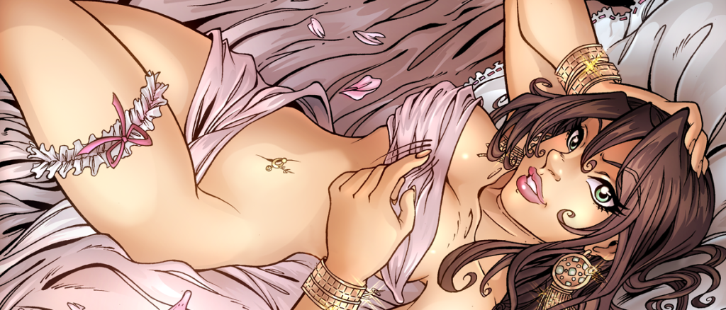 Pin-up style illustration of a woman with long brown hair lying on a bed, wrapped in a sheer pink sheet, wearing gold jewelry.