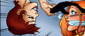 Comic panel of two women in a confrontation: orange-haired woman gagged with a cloth, red-haired woman grabbing her hair as a foot appears to strike.