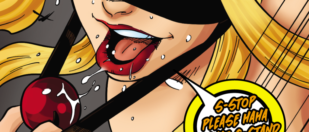 Close-up of a blonde woman with sweat on her face, tongue out, licking a cherry on a skewer in a comic-style panel.