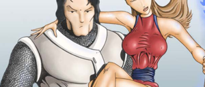 Cartoon of a knight in armor with a woman in a red dress sitting on his knee, his arm around her shoulder.