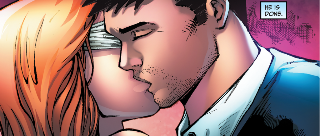 Close-up of a couple kissing in a comic panel; the woman wears a white blindfold and orange hair, with 'HE IS DONE' text in the upper-right.