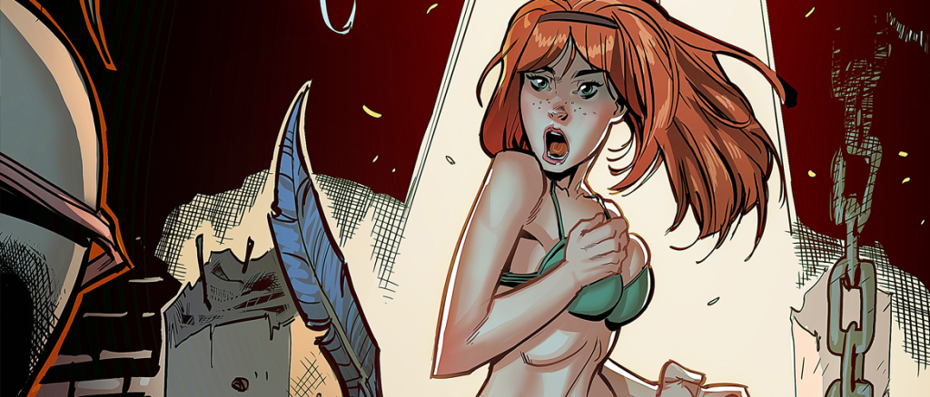 Dynamic comic panel: a red-haired woman in a green bikini top screams in panic as a large blade and heavy chains loom in a destroyed, fiery background.