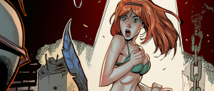 Dynamic comic panel: a red-haired woman in a green bikini top screams in panic as a large blade and heavy chains loom in a destroyed, fiery background.