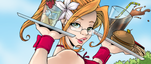 Cartoon waitress balancing a long serving pole with a drink on one end and a hamburger on the other end in a sunny scene.
