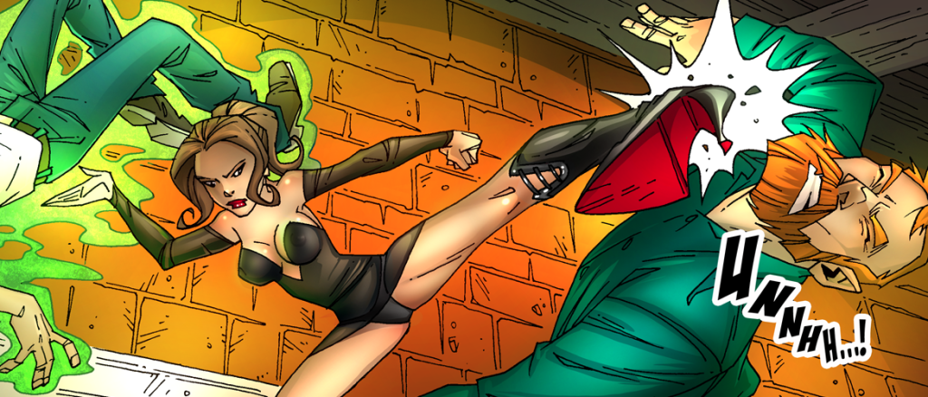 Woman in a black outfit delivers a high kick to a man in a teal suit, with green energy glow and an orange brick wall background.