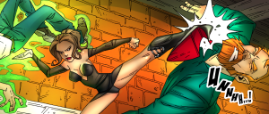 Woman in a black outfit delivers a high kick to a man in a teal suit, with green energy glow and an orange brick wall background.