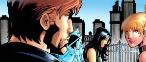 Three people in a comic panel against a city skyline: a man in profile on the left, a black-haired woman in the middle, and a blonde woman on the right.