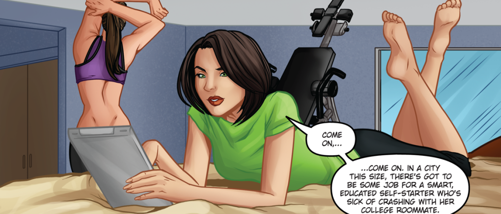 Two women in a bedroom with exercise equipment: one in a green shirt reads a tablet on the bed while the other in a purple sports bra stretches above her head; a bench and a window are in view.