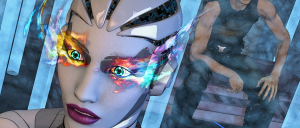 Close-up of a futuristic cyborg woman with a metallic helmet and colorful eye makeup; a man in athletic gear sits in the hazy blue background.