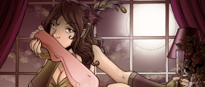 Brunette woman in a corseted dress leans back as a large pink arm wraps across her body, by a moonlit window with roses nearby — a sultry, anime-inspired scene.