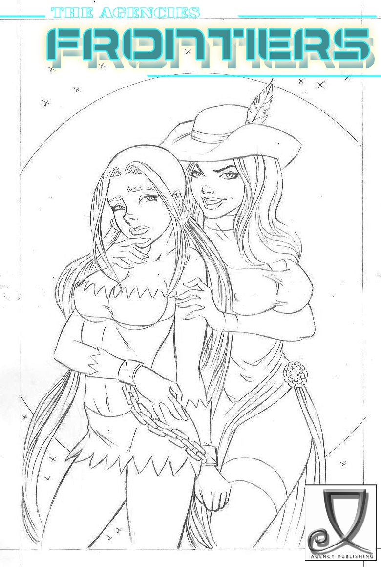 Line drawing of two women in fantasy outfits; one in front with wrists chained, held by the other woman behind her who wears a hat with a feather and smiles. The logo is bottom-right.