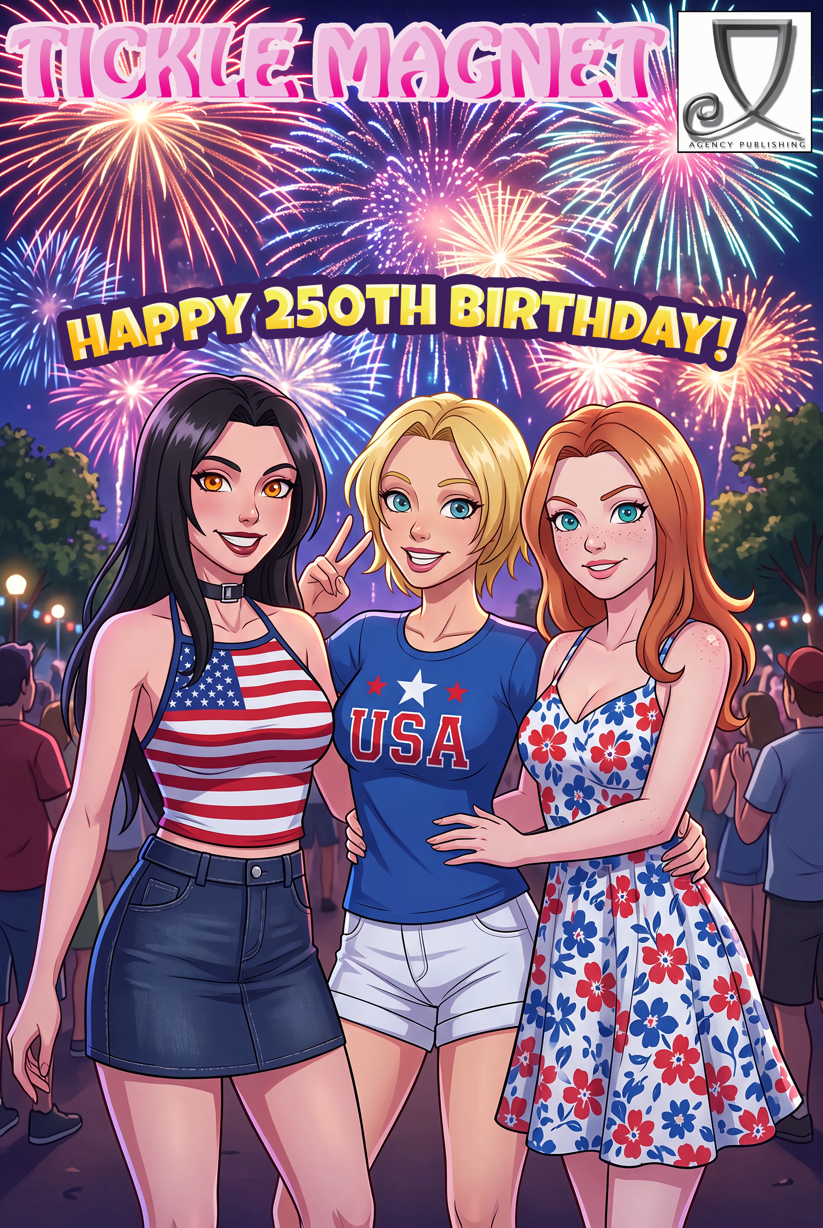 Three smiling young women posing together at a fireworks-filled celebration, banner reads 