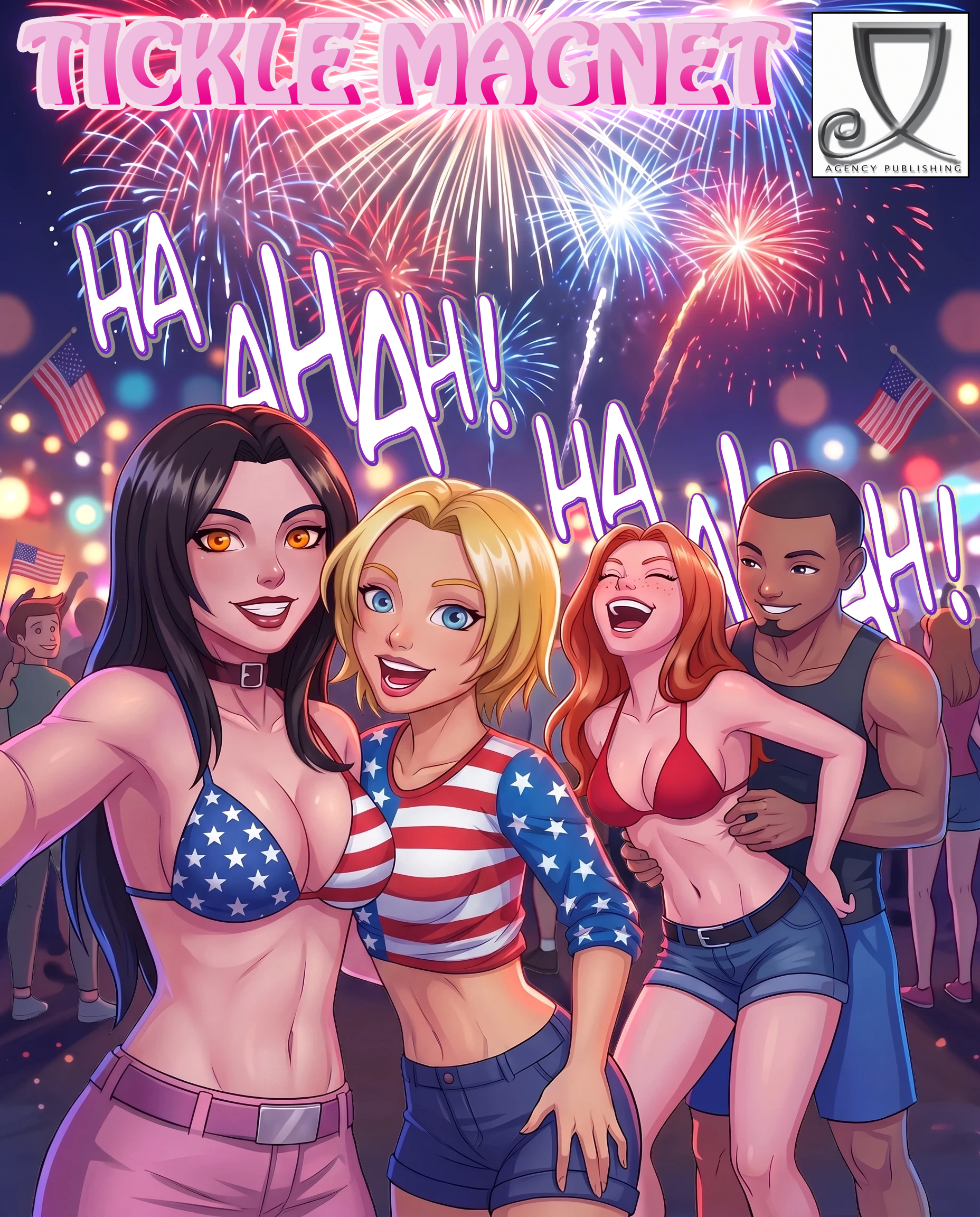 Group of smiling adults in patriotic star-spangled outfits posing for a selfie at a fireworks-filled Fourth of July celebration, with flags in the background and a logo corner.