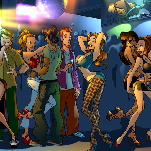 Cartoon nightclub scene with couples dancing under colorful lights and a disco ball, partygoers in stylish outfits enjoying the night club atmosphere, audience in the background.