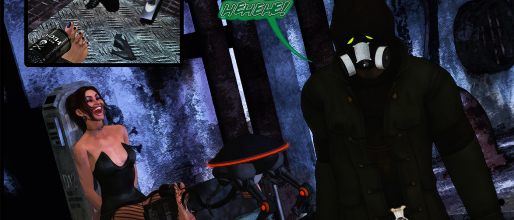 Dark, industrial scene with a smiling woman in a black leather outfit restrained to a chair as a hooded, gas-masketed figure looms nearby in a gritty environment.