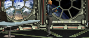 Bald man in a blue uniform stands at a futuristic desk, holding a glowing tablet as Earth looms in hexagonal window panels behind him.