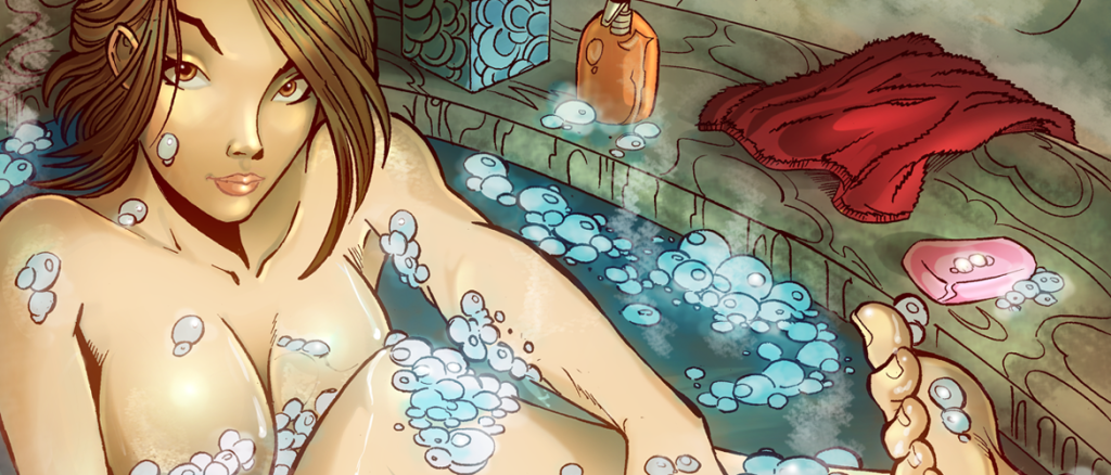 Fantasy-style illustration of a nude woman soaking in a foamy bath, bubbles covering her chest and shoulders, looking softly forward.