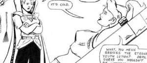 Comic panel: a knight in armor and cape stands with arms crossed beside a reclining man in bed; a speech bubble says, "It's cold."