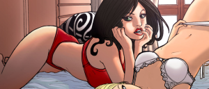Two adults in lingerie on a bed; a brunette in red underwear props on her elbows and gazes toward the viewer while another woman in a white bra lies nearby.