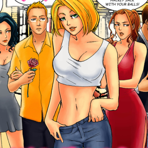 Center: blonde woman in a white crop top and jeans posing with hands on hips, surrounded by friends at a party.