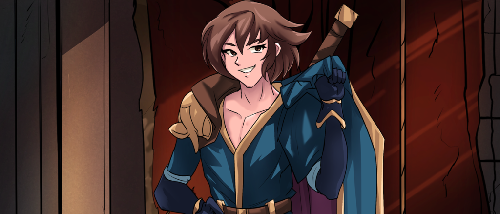 Confident fantasy hero with short brown hair, blue tunic and cape, sword on back, standing in a dim doorway.